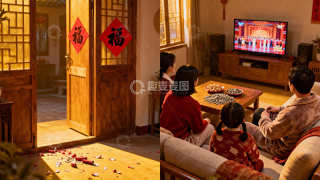 家庭春节团聚看电视