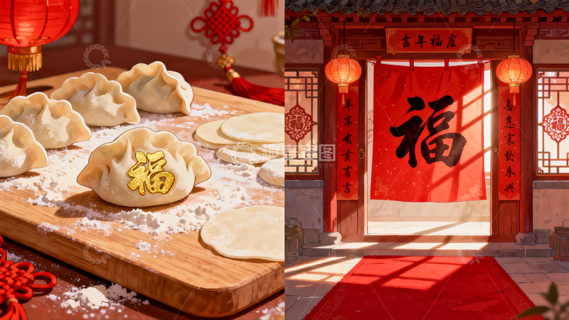高清大图下载【趣麦麦图】春节饺子与门福装饰
