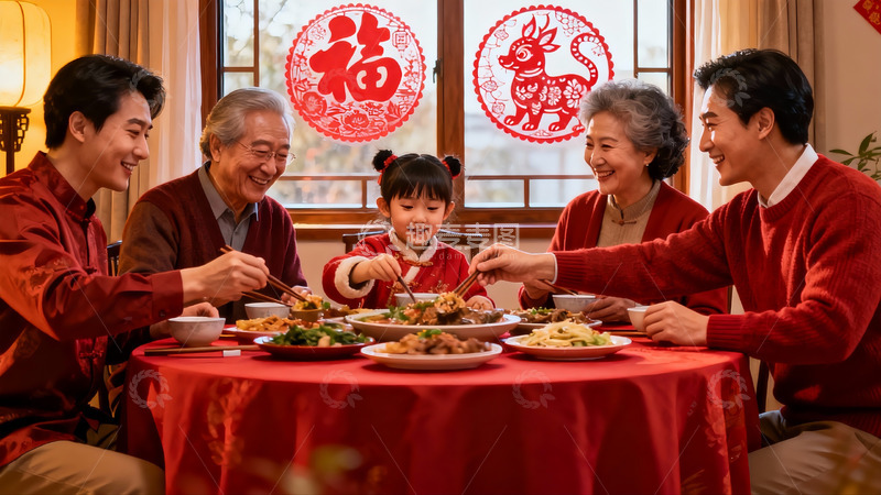 高清大图下载【趣麦麦图】春节团圆饭家人欢聚一堂