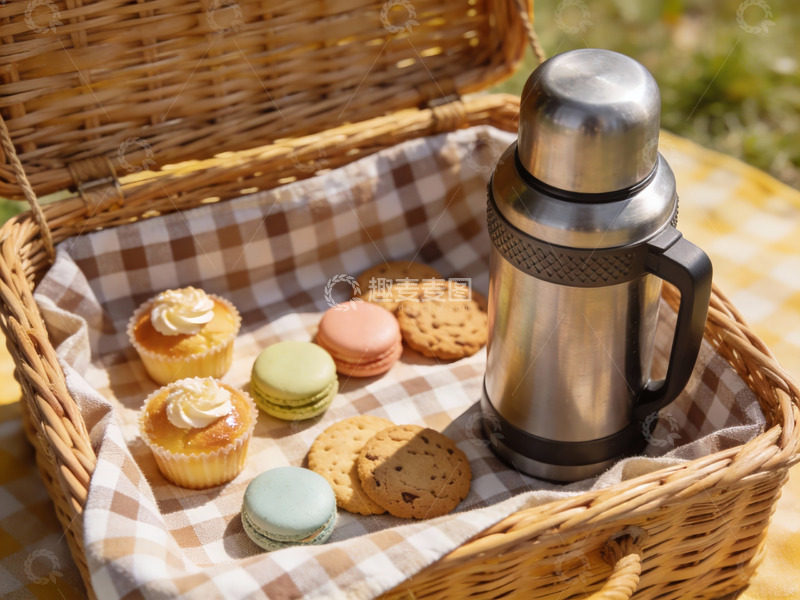高清大图下载【趣麦麦图】野餐篮美食与保温杯