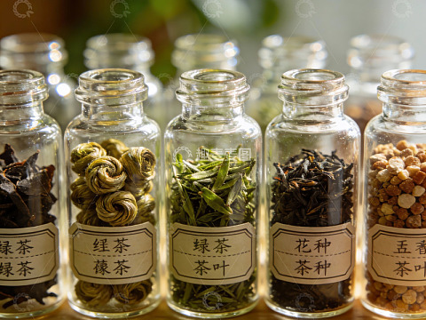 多种茶叶装瓶展示