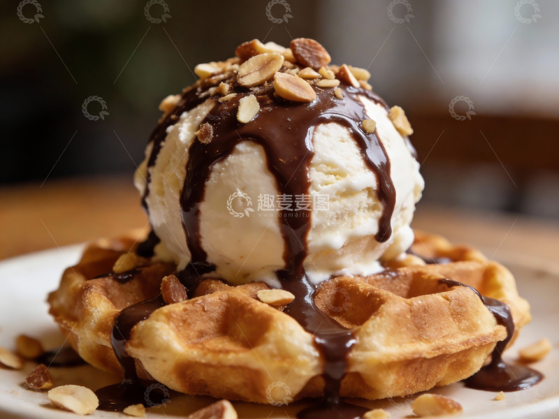 高清大图下载【趣麦麦图】华夫饼配冰淇淋巧克力酱
