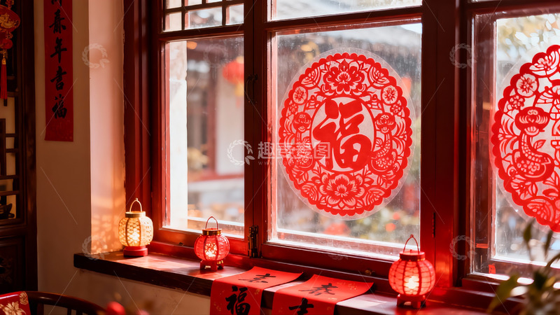 高清大图下载【趣麦麦图】春节窗贴福字灯笼喜庆