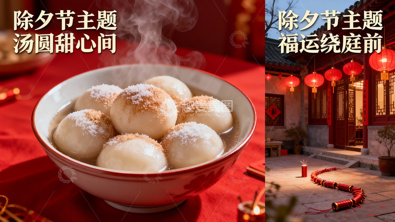 高清大图下载【趣麦麦图】除夕团圆汤圆与庭院红灯