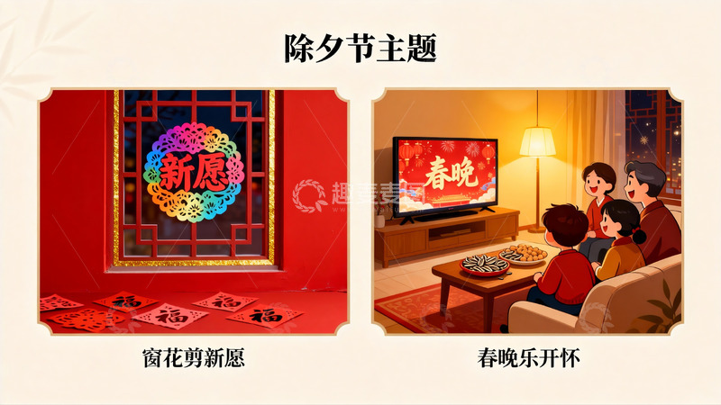 高清大图下载【趣麦麦图】除夕窗花剪纸与春晚家庭