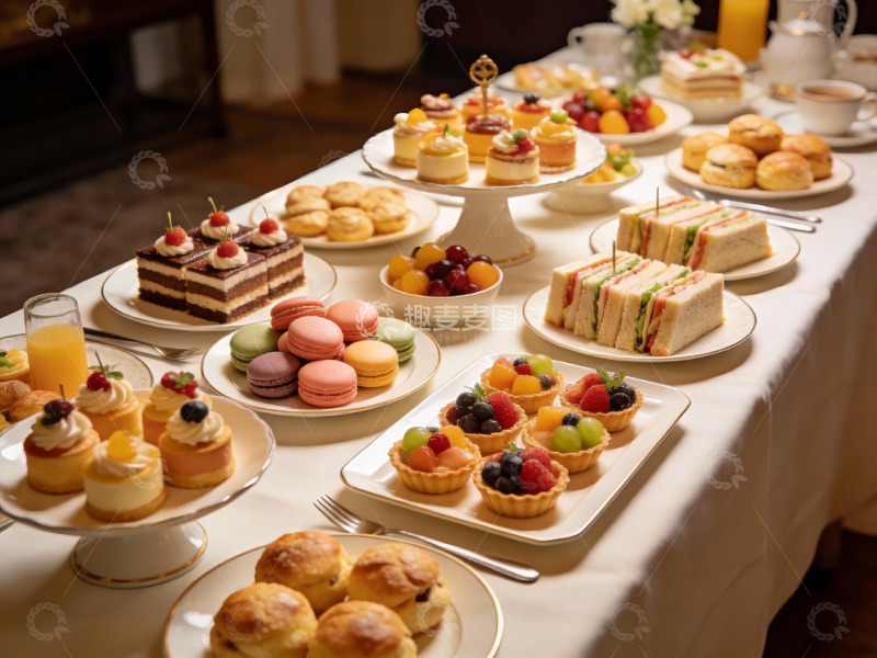 高清大图下载【趣麦麦图】精致下午茶甜点与三明治摆台