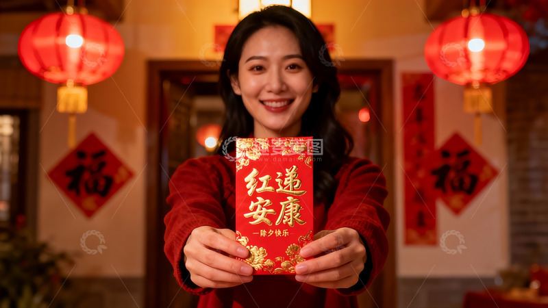 高清大图下载【趣麦麦图】女子手持红包庆祝节日