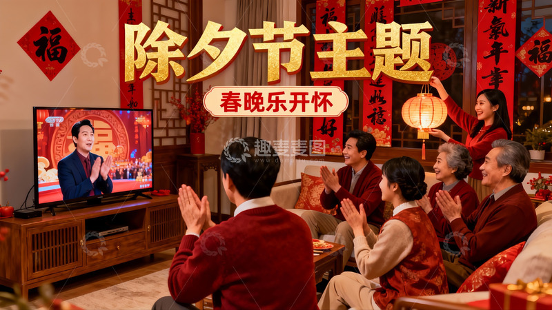 高清大图下载【趣麦麦图】除夕夜家人团聚看春晚