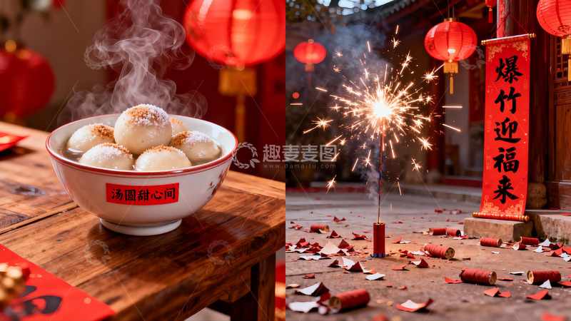 高清大图下载【趣麦麦图】元宵节美食与烟花庆祝场景