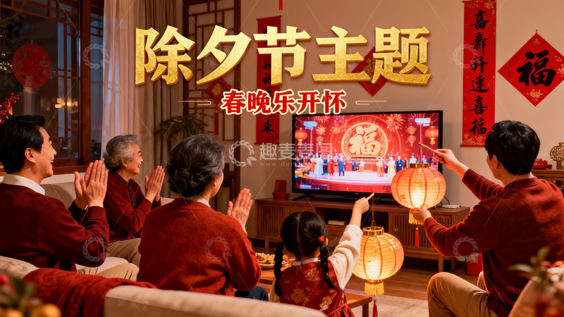 高清大图下载【趣麦麦图】除夕夜家人团聚看春晚