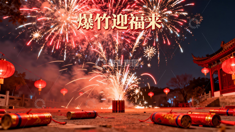高清大图下载【趣麦麦图】夜空烟花绽放古建筑红灯笼