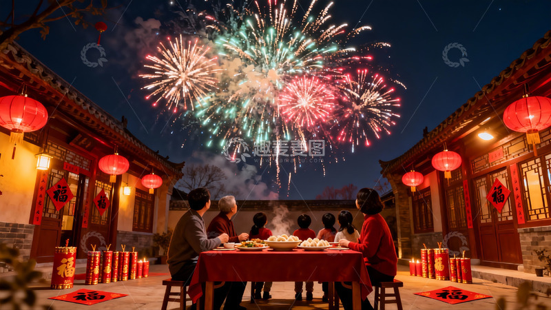 高清大图下载【趣麦麦图】春节庭院烟花聚餐场景
