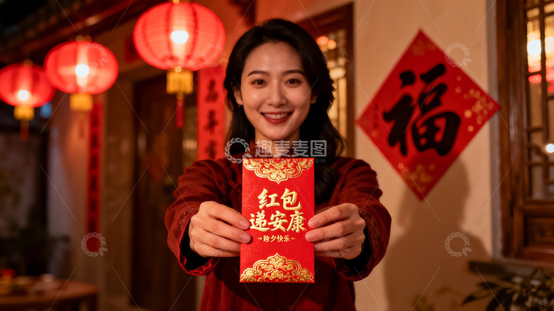 高清大图下载【趣麦麦图】女子手持红包庆祝节日