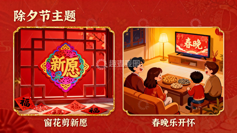 高清大图下载【趣麦麦图】除夕家庭团聚欢度春节