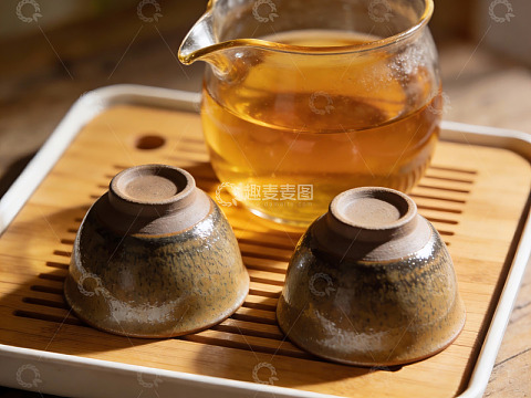 茶具静置木质托盘上