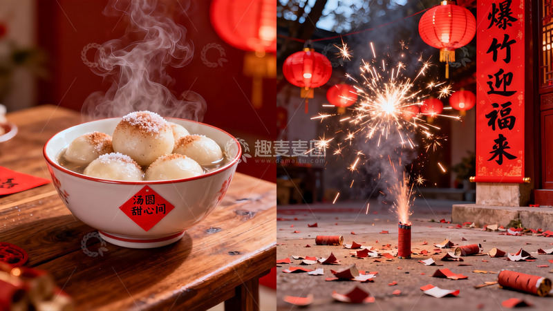 高清大图下载【趣麦麦图】元宵节美食与烟花庆祝场景