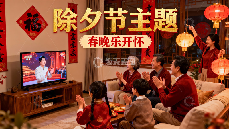 高清大图下载【趣麦麦图】除夕夜家人团聚看春晚