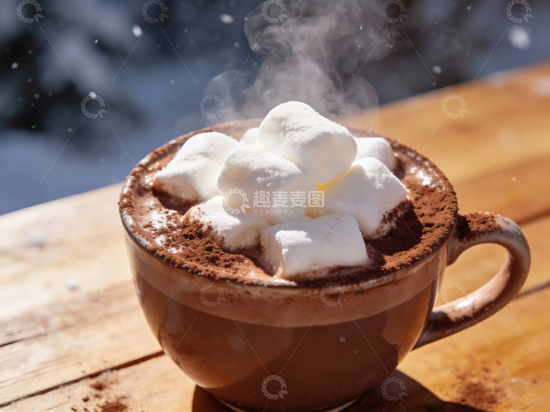 高清大图下载【趣麦麦图】热巧克力配棉花糖雪景