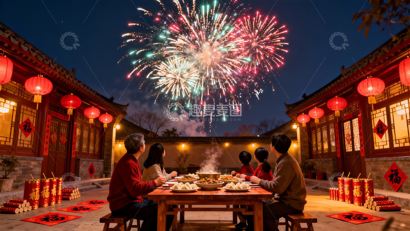 高清大图下载【趣麦麦图】夜宴庭院烟花绽放家人团聚
