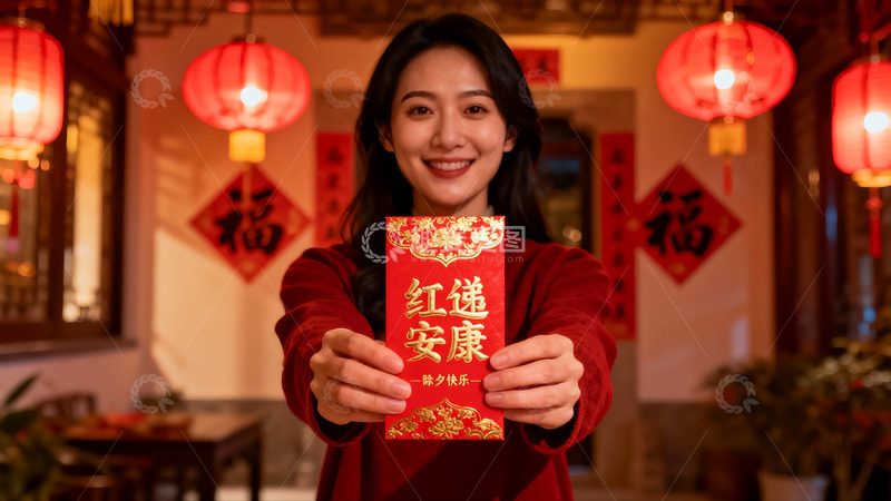 高清大图下载【趣麦麦图】女子手持红包庆祝节日