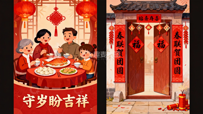 高清大图下载【趣麦麦图】春节家庭团聚与传统门饰