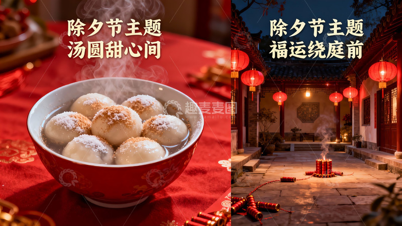 高清大图下载【趣麦麦图】除夕汤圆与庭院灯笼