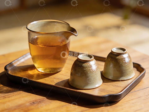 木质托盘上的茶具静物