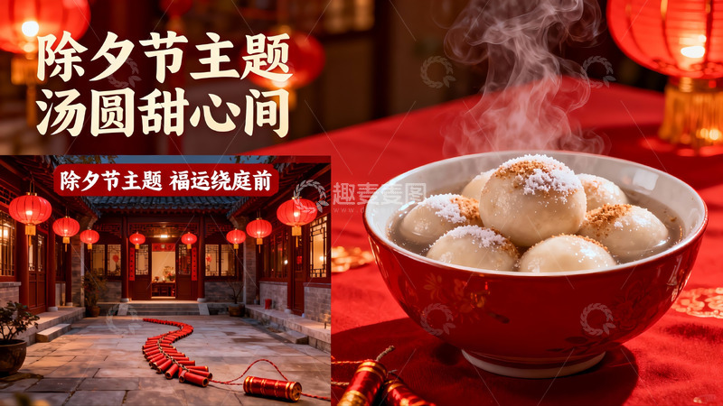 高清大图下载【趣麦麦图】除夕汤圆红灯笼庭院