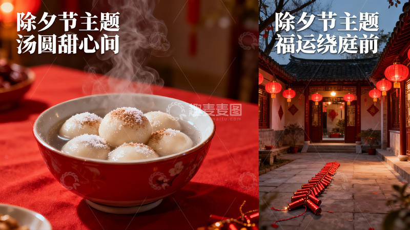 高清大图下载【趣麦麦图】除夕汤圆庭院红灯笼