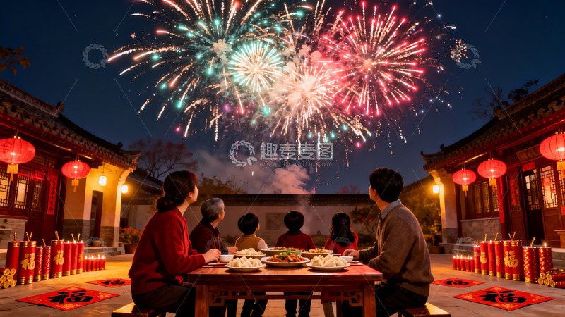 高清大图下载【趣麦麦图】中式庭院夜宴烟花绽放