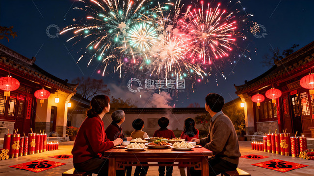 中式庭院夜宴烟花绽放