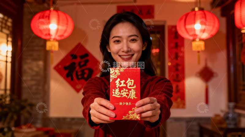 高清大图下载【趣麦麦图】女子手持红包庆祝节日