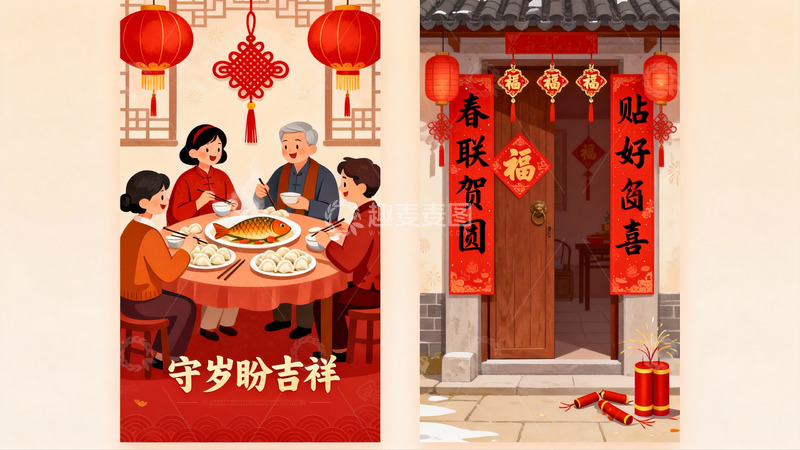 高清大图下载【趣麦麦图】春节家庭团聚与传统装饰