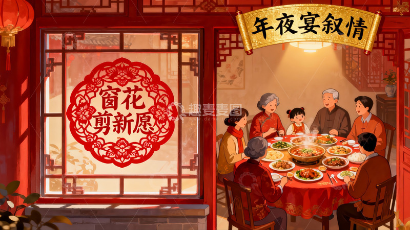 高清大图下载【趣麦麦图】除夕团圆饭温馨场景