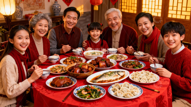 高清大图下载【趣麦麦图】春节团圆饭家人欢聚一堂