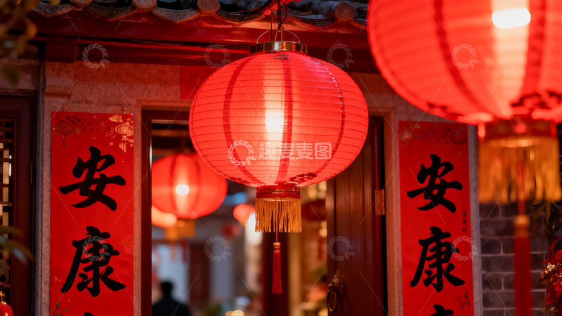 高清大图下载【趣麦麦图】红灯笼映衬下的传统门扉