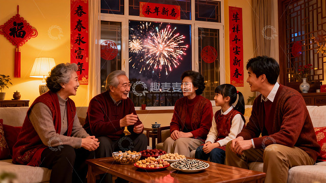 家人围坐客厅看烟花
