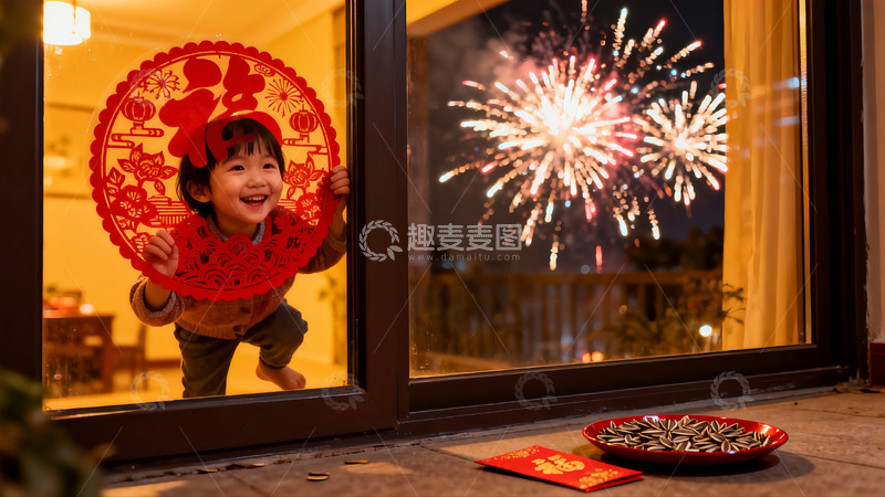 高清大图下载【趣麦麦图】窗边女孩看烟花
