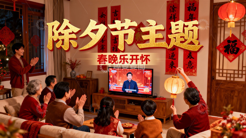 高清大图下载【趣麦麦图】除夕夜家人团聚看电视