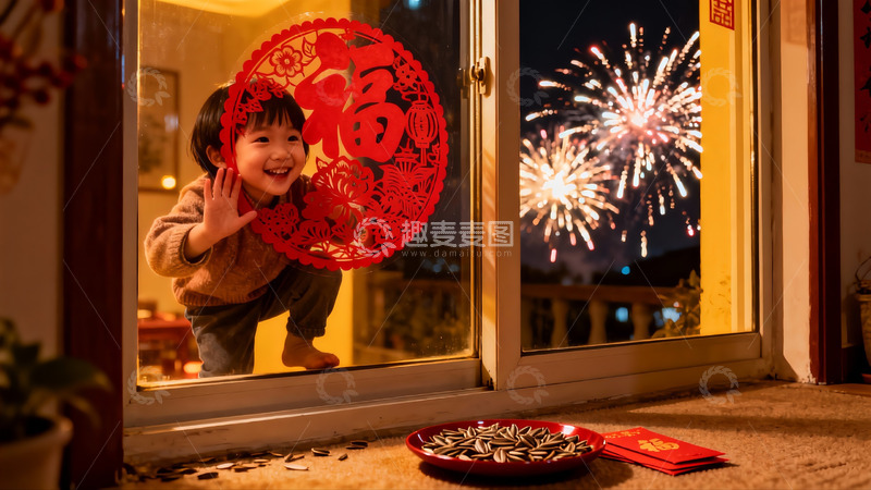 高清大图下载【趣麦麦图】窗边孩童看烟花