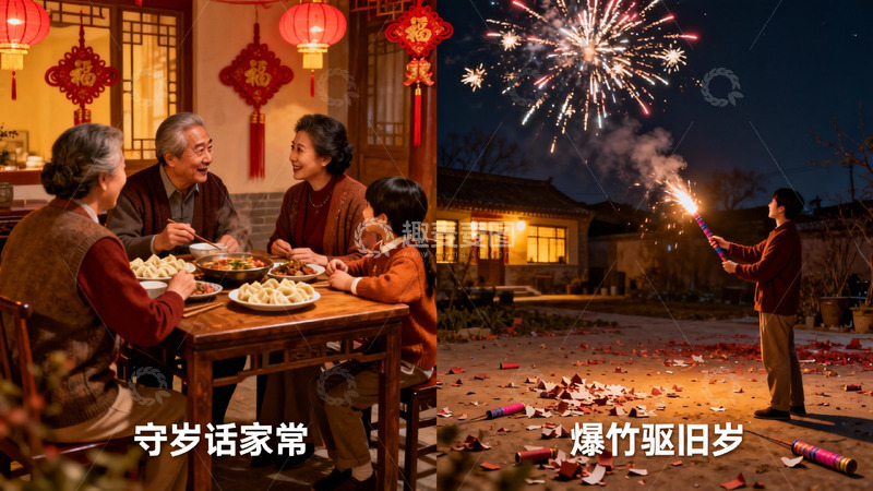 高清大图下载【趣麦麦图】除夕夜家庭团聚与烟花庆祝