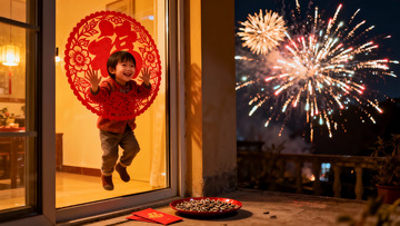 孩童窗前看烟花