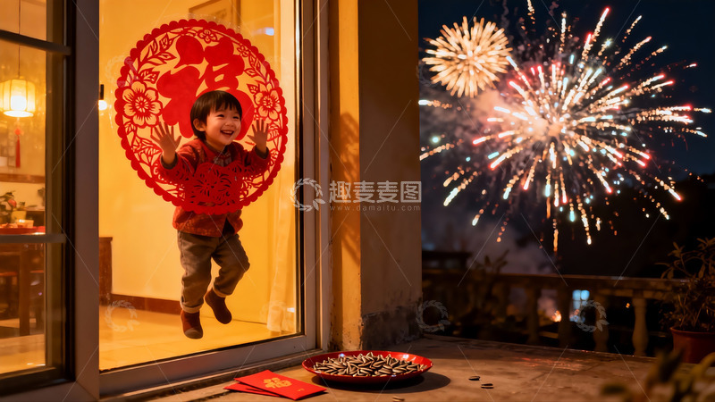 高清大图下载【趣麦麦图】孩童窗前看烟花