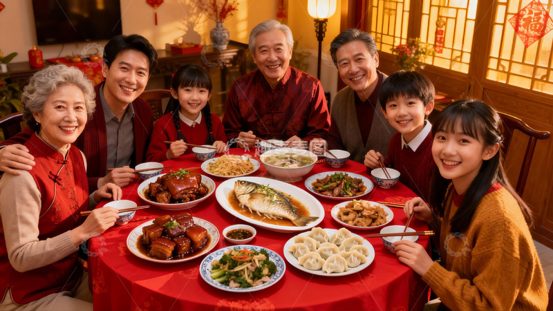 高清大图下载【趣麦麦图】全家围坐餐桌共享丰盛团圆饭