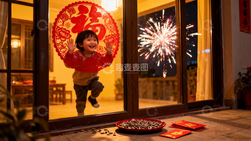 高清大图下载【趣麦麦图】窗前孩童迎烟花