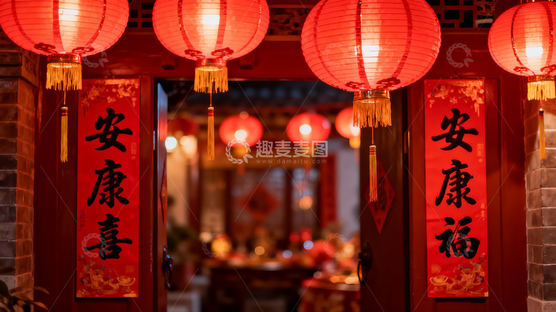 高清大图下载【趣麦麦图】红灯笼高挂门两侧