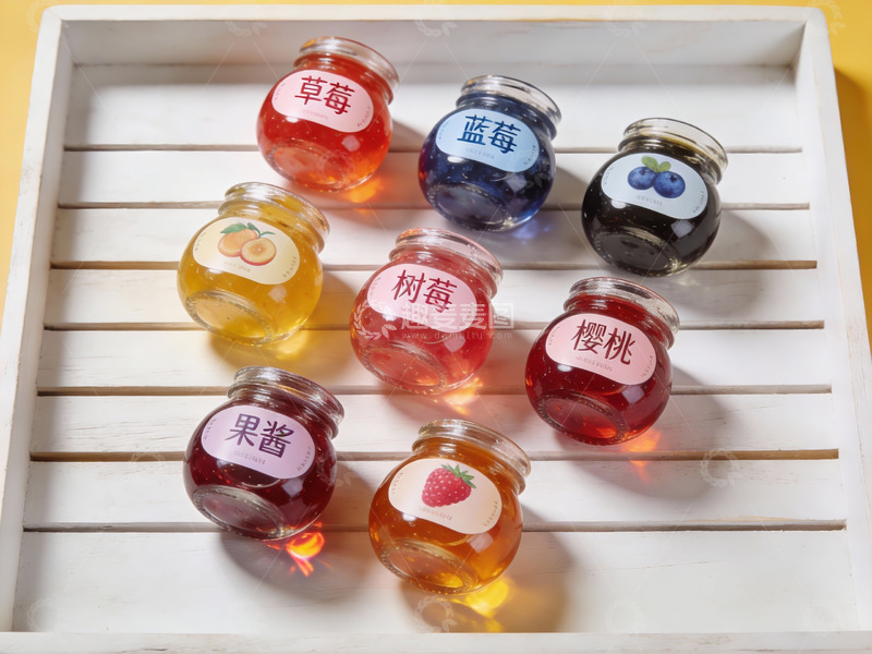 高清大图下载【趣麦麦图】多种口味果酱摆放在木质托盘上