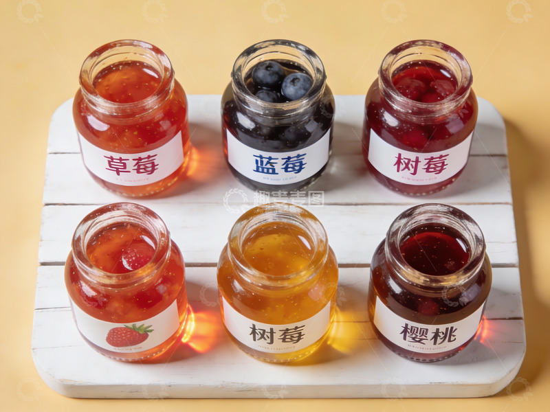 高清大图下载【趣麦麦图】六罐果酱色彩缤纷摆盘