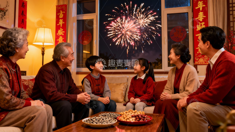 高清大图下载【趣麦麦图】家人围坐看烟花其乐融融