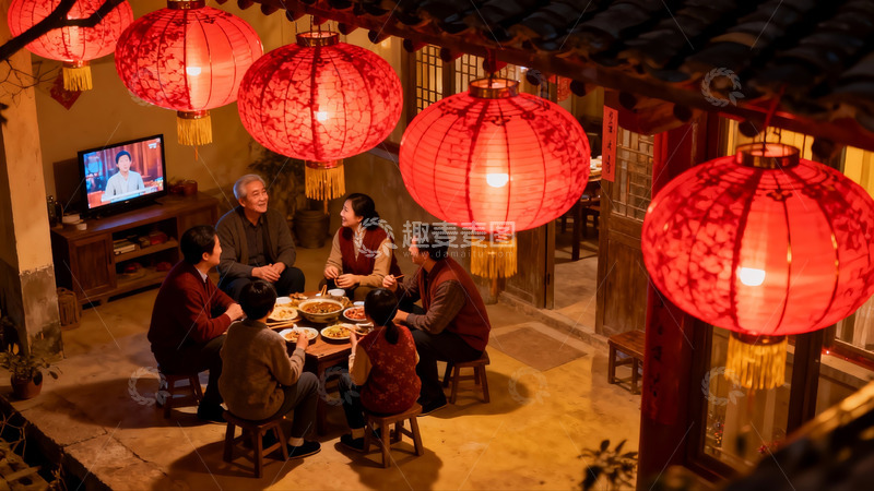高清大图下载【趣麦麦图】家人围坐庭院吃团圆饭